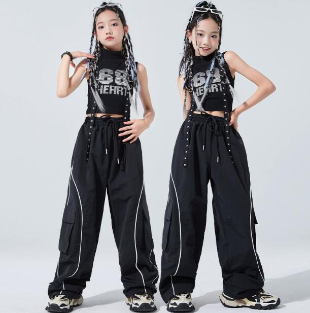 乐天商城 - 子供ダンス衣装 ロング丈パンツ 女子ダンス 袖なしTシャツ 立ち襟 セットアップ 単品対応可能 子供ダンス衣装 2点セット ダンス衣装 子供 ヒップホップ　ダンス衣装 ダンスウェア サルエルパンツ jazz hipjop かっこいい ダンスウェア　110-180cm