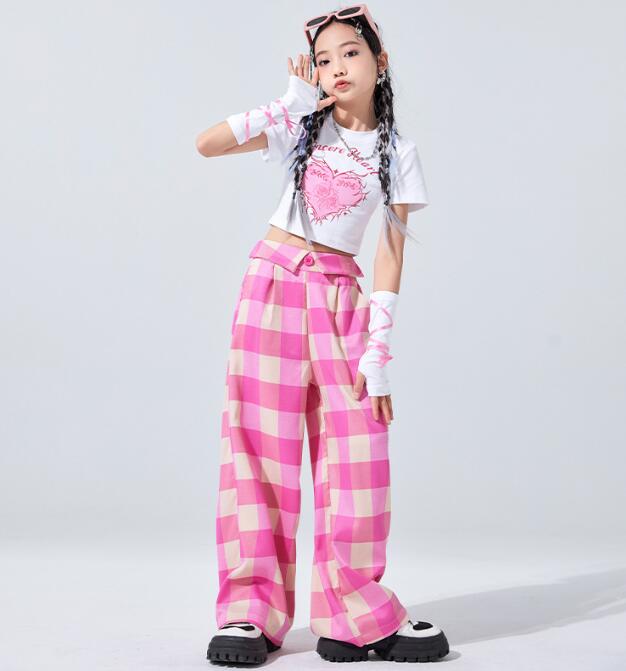 子供ダンス衣装 チェック柄ロング丈パンツ 女子ダンス 半袖Tシャツ 袖カバー セットアップ 単品対応可能 子供ダンス衣装 ダンス衣装 子供 ヒップホップ　ダンス衣装 ダンスウェア サルエルパンツ jazz hipjop かっこいい ダンスウェア　110-180cm