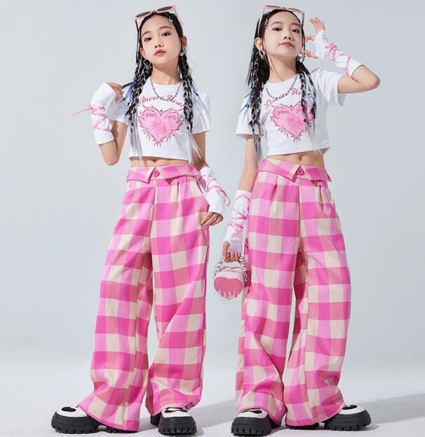 子供ダンス衣装 チェック柄ロング丈パンツ 女子ダンス 半袖Tシャツ 袖カバー セットアップ 単品対応可能 子供ダンス衣装 ダンス衣装 子供 ヒップホップ　ダンス衣装 ダンスウェア サルエルパンツ jazz hipjop かっこいい ダンスウェア　110-180cm
