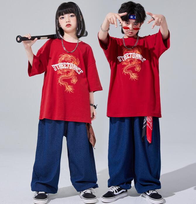 子供ダンス衣装 赤シャツ デニムロング丈パンツ 女子ダンス 男子ダンス ゆったりセットアップ 単品対応可能 子供ダンス衣装 ダンス衣装 子供 ヒップホップ ダンス衣装 ダンスウェア サルエルパンツ jazz hipjop かっこいい ダンスウェア 110-180cm