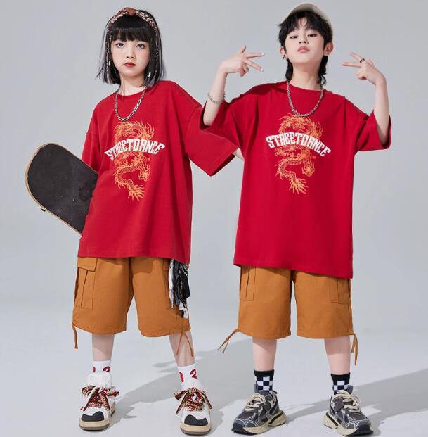 子供ダンス衣装 赤シャツ ショート丈パンツ 女子ダンス 男子ダンス　チアガール ゆったりセットアップ 単品対応可能 子供ダンス衣装 ダンス衣装 子供 ヒップホップ　ダンス衣装 ダンスウェア サルエルパンツ jazz hipjop かっこいい ダンスウェア　110-180cm