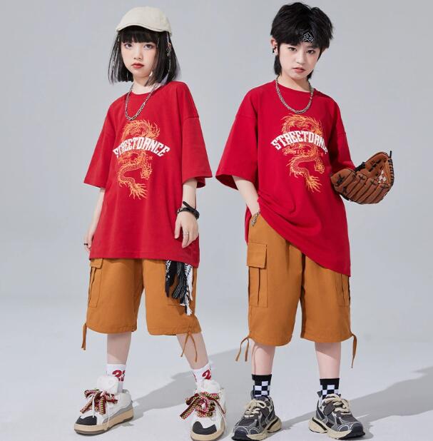 子供ダンス衣装 赤シャツ ショート丈パンツ 女子ダンス 男子ダンス　チアガール ゆったりセットアップ ..