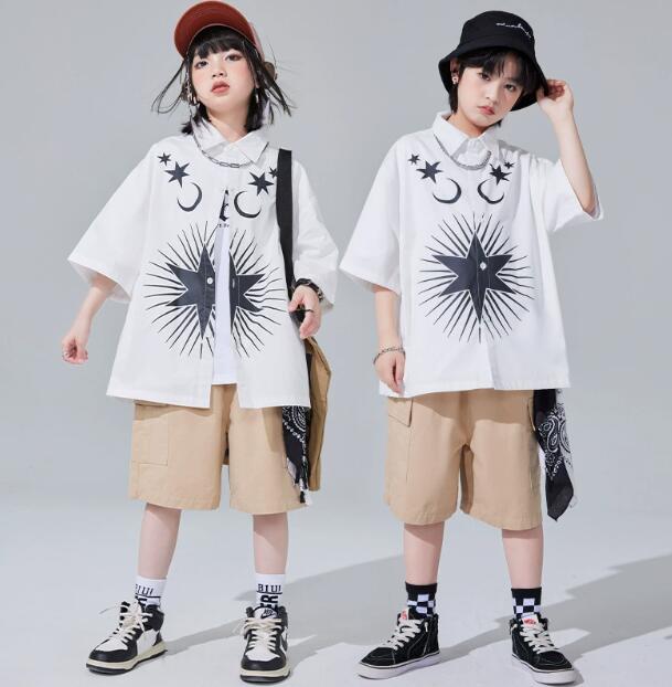 ゆったりシャツ ショートパンツ 白シャツ 子供ダンス衣装 星柄 女子ダンス 男子ダンス　ゆったりセット..