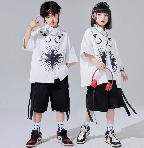 男子ダンス衣装 黒ショートパンツ 白シャツ 子供ダンス衣装 星柄 女子ダンス 男子ダンス ゆったりセットアップ 単品対応可能 子供ダンス衣装 ダンス衣装 子供 ヒップホップ ダンス衣装 ダンスウェア サルエルパンツ jazz hipjop かっこいい ダンスウェア 110-180cm