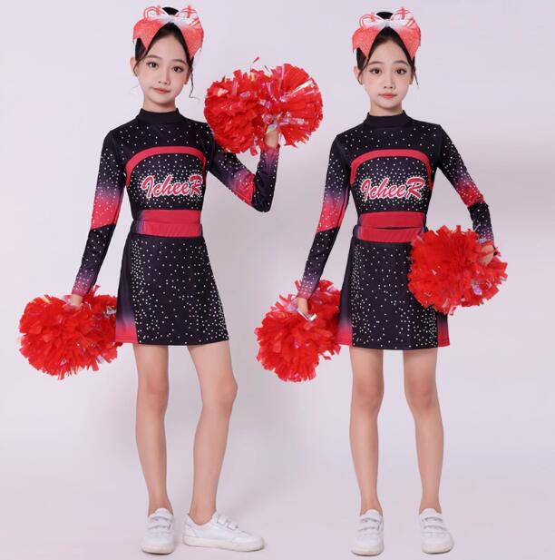 Rakuten - 子供ダンス衣装 レオタード チアガール衣装運動会 ダンス衣装 女子ダンス エアロビクス チアリーディング 団体服 新体操 体操競技着用女子スカート 女子レオタード+ショートスカート2点セットチアリーディングコンテスト伸縮性あり120-180cm