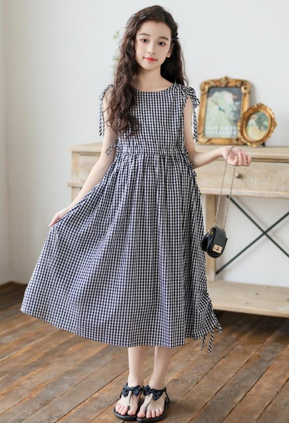 樂天商城 - チェック柄ワンピース 女の子ワンピース ノースリーブワンピース　女の子プリンセスドレス　夏物 袖なしドレス 可愛い フレンチスリーブ ロングワンピース 韓国風 子供服ワンピース キッズワンピース 女子 誕生日フォーマル ピアノ発表会 結婚式 パーティー 120-170cm
