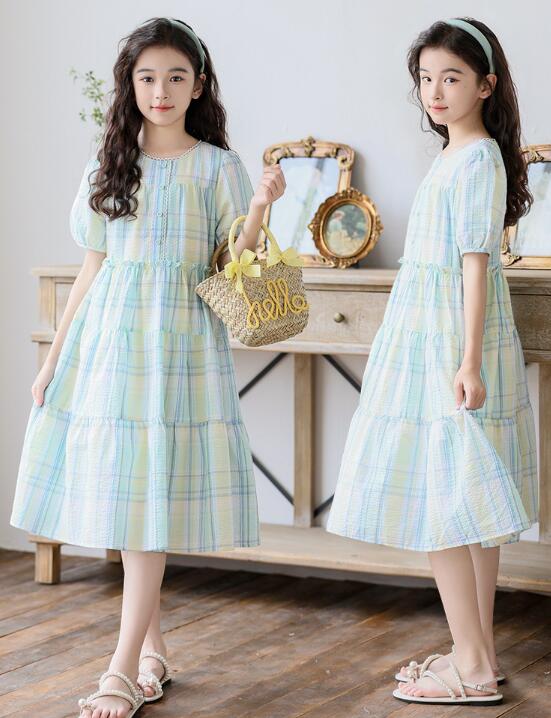 Rakuten - 半袖ワンピース チェック柄ワンピース 女の子ワンピース Aラインワンピース　プリンセスドレス　夏物可愛い フレンチスリーブ ロングワンピース 韓国風 子供服ワンピース キッズワンピース 女子 誕生日フォーマル ピアノ発表会 結婚式 パーティー 120-165cm