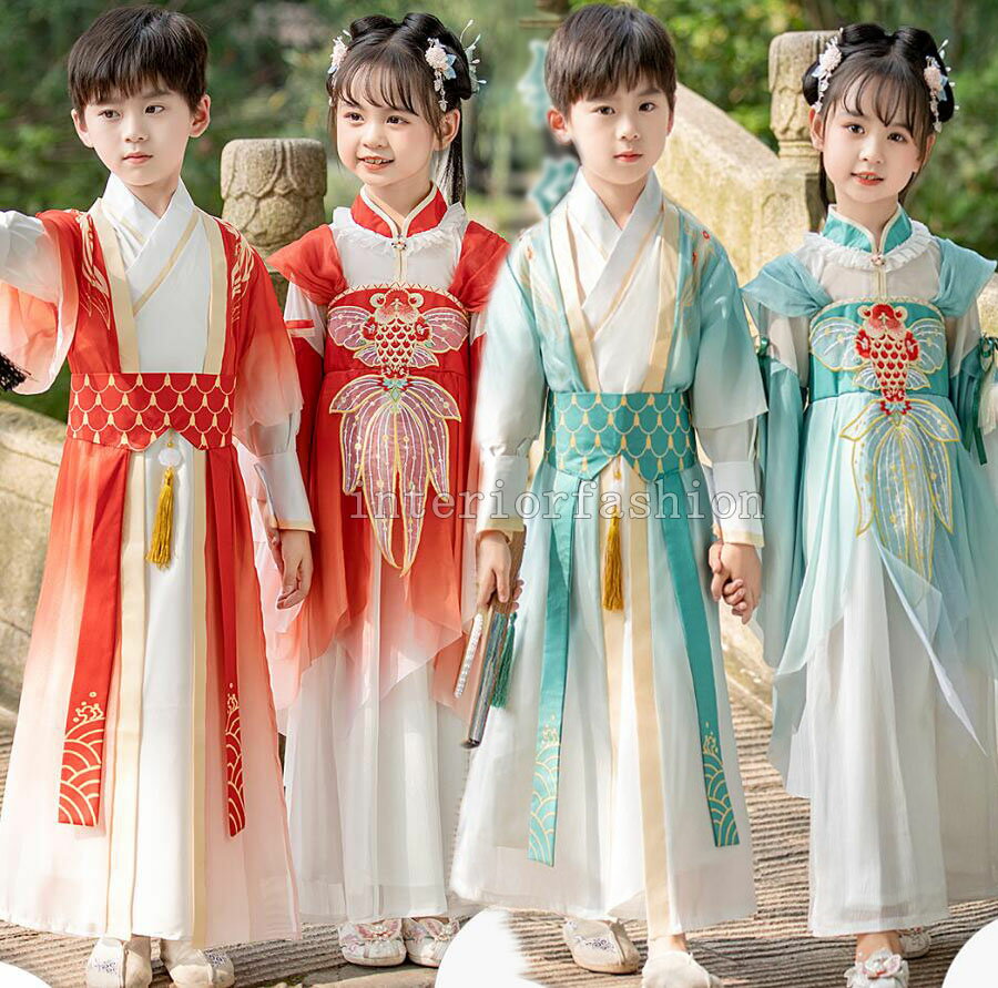 樂天商城 - 子供コスプレ衣装 漢服 金魚柄刺繍チャイナドレス ブルー 赤 緑3色 女の子 男の子 チャイナ服 お姫様 フレア袖 飄逸可愛い 長袖ワンピース チャイナ服エスニック 中華 コスチューム学園祭 団体服 舞台衣装 ステージ衣装イベント ハロウィン 110 120 130 140 150 160