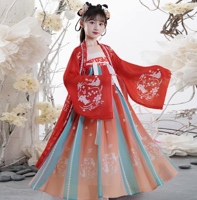 樂天商城 - キッズワンピース 子供 羽織 赤 兎プリント 漢服 チャイナドレス 女の子 飄逸 チャイナ服 お姫様 可愛い チャイナワンピース ふんわり チャイナ服 エスニック キッズ チャイナ 中華 コスプレ衣装 学園祭 イベント ハロウィン 衣装 110 120 130 140 150 160
