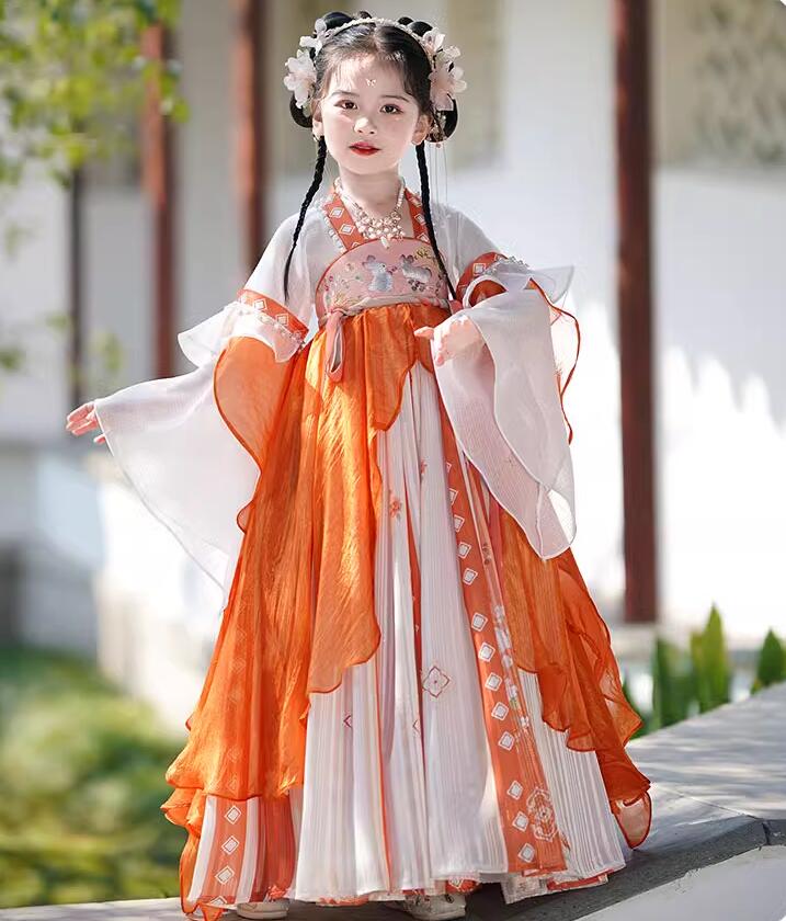 長袖ワンピース 兎刺繍 ロング丈 子供 振袖 フレア袖 チュチュ漢服 チャイナドレス 女の子 飄逸 チャイナ服 お姫様 可愛い チャイナワンピース ふんわり チャイナ服 エスニック キッズ チャイナ 中華 コスプレ衣装 学園祭 イベント ハロウィン 衣装 110 120 130 140 150 160