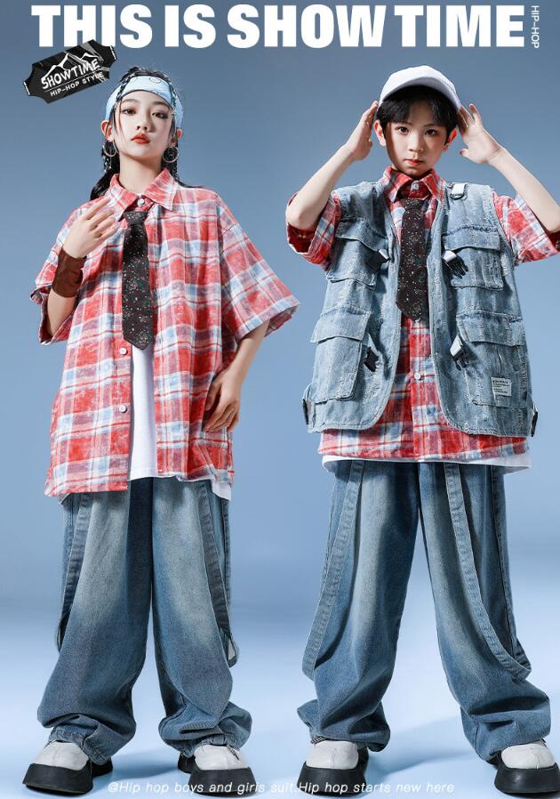 デニムベスト チェック柄シャツ ロング丈パンツセット 子供ダンス衣装 ゆったりシャツコート 子供ダンス衣装 女子ダンス 男子ダンス ゆったりセットアップ 子供ダ...