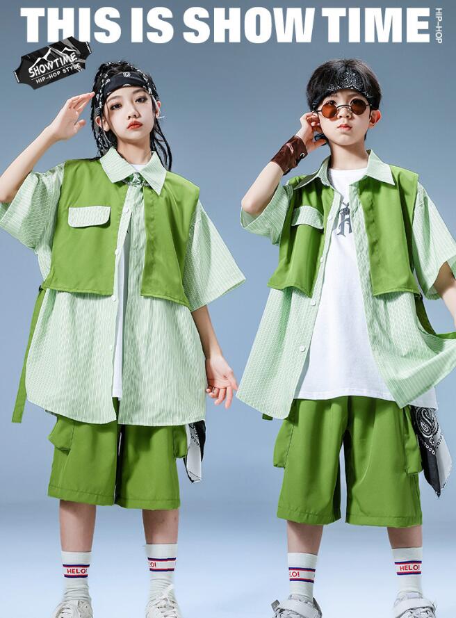 緑シャツ ショートパンツセット 子供ダンス衣装 ゆったりシャツコート パンツ子供ダンス衣装 女子ダンス 男子ダンス ゆったりセットアップ 単品対応可能 子供ダン...