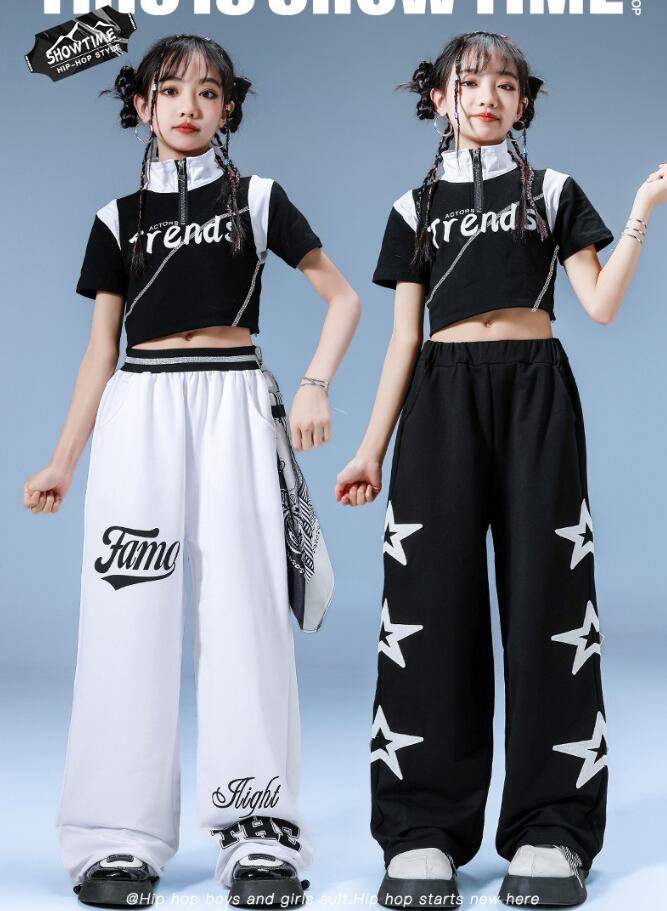 半袖Tシャツ 立ち襟 女の子ジャズダンス衣装 へそ出し 子供ダンス衣装 ガーコパンツ 白 黒パンツ子供ダ..
