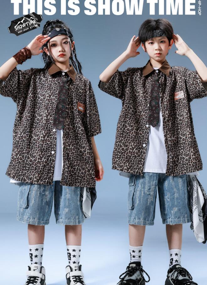 デニムベスト 子供ダンス衣装 豹柄シャツコート ショートデニムパンツ子供ダンス衣装 キッズパンツ子供ダンス衣装 女子ダンス 男子ダンスゆったりセットアップ 子供...