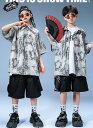 水墨シャツ子供ダンス衣装 ショート丈パンツセット 子供ダンス衣装 キッズパンツ子供ダンス衣装 女子ダンス 男子ダンス ゆったりセットアップ 単品対応可能 子供ダ...