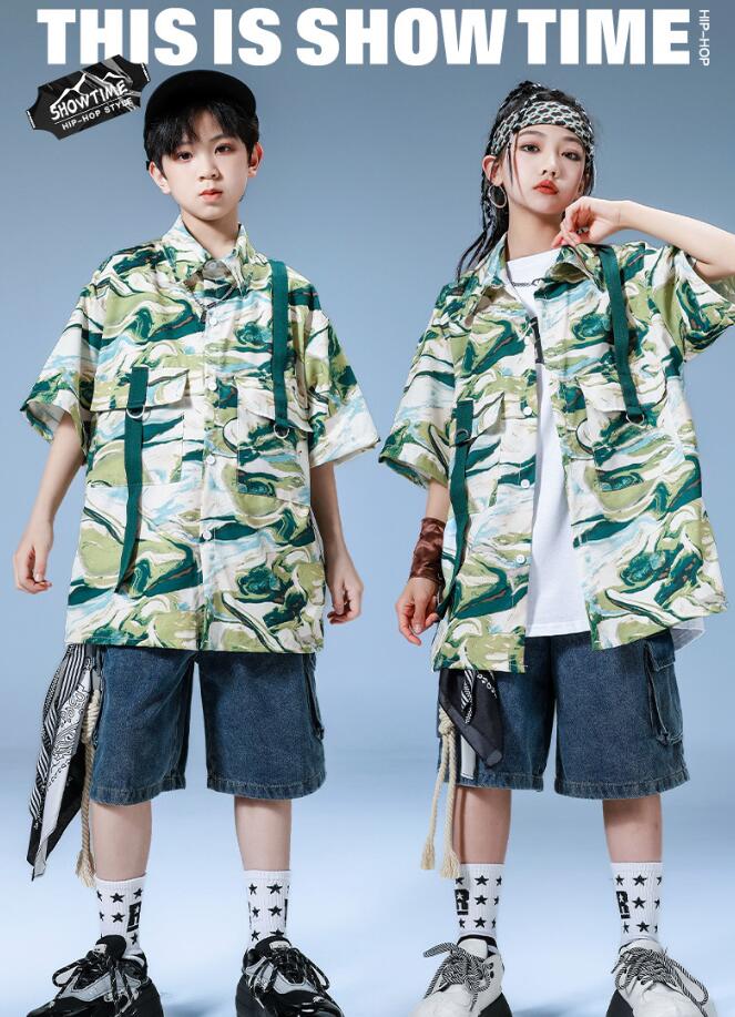 子供ダンス衣装 緑シャツ ゆったり ショート丈パンツセット 子供ダンス衣装 キッズパンツ子供ダンス衣装 女子ダンス 男子ダンスセットアップ 単品対応可能 子供ダ...