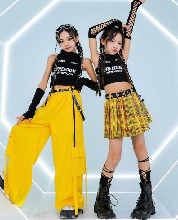 樂天商城 - キッズダンス衣装 tシャツ ロング丈パンツ チェック柄スカート 袖カバー女の子ジャズダンス衣装 へそ出し 子供ダンス衣装 ガールズダンス セットアップ 子供ダンス衣装 キッズ ヒップホップダンスウェア サルエルパンツ jazz hipjop かっこいい ダンスウェア