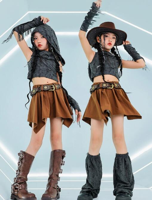 樂天商城 - 女子ダンス衣装 袖なしシャツ フリンジ付き袖カバー女の子ジャズダンス衣装 へそ出し 子供ダンス衣装 ガールズダンス セットアップ 子供ダンス衣装 スカート キッズ ヒップホップ　ダンスウェア サルエルパンツ jazz hipjop かっこいい ダンスウェア110-180cm