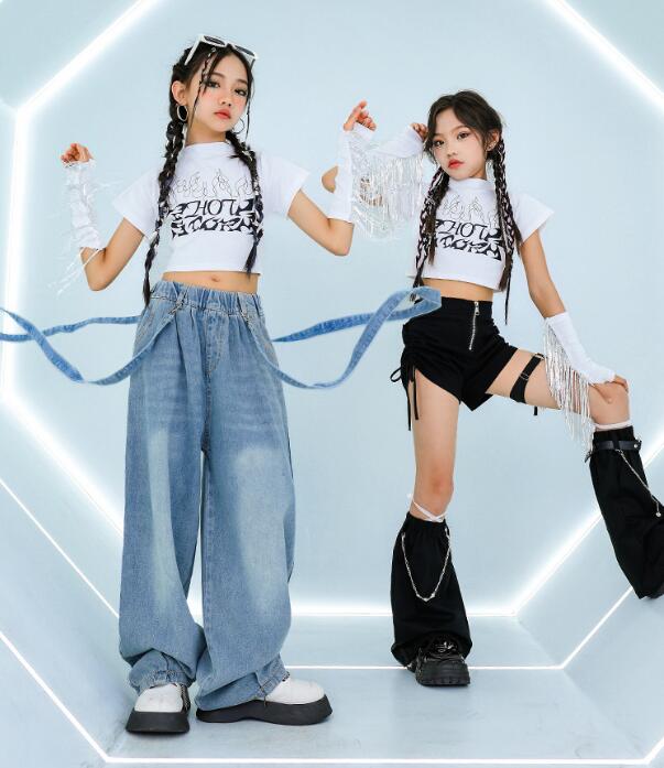 樂天商城 - 女子ダンス衣装 袖なしシャツ 袖カバー付き デニムパンツ ミニパンツ 女の子ジャズダンス衣装 へそ出し 子供ダンス衣装 ガールズダンス セットアップ 子供ダンス衣装 キッズ ヒップホップ　ダンスウェア サルエルパンツ jazz hipjop かっこいい ダンスウェア110-180cm