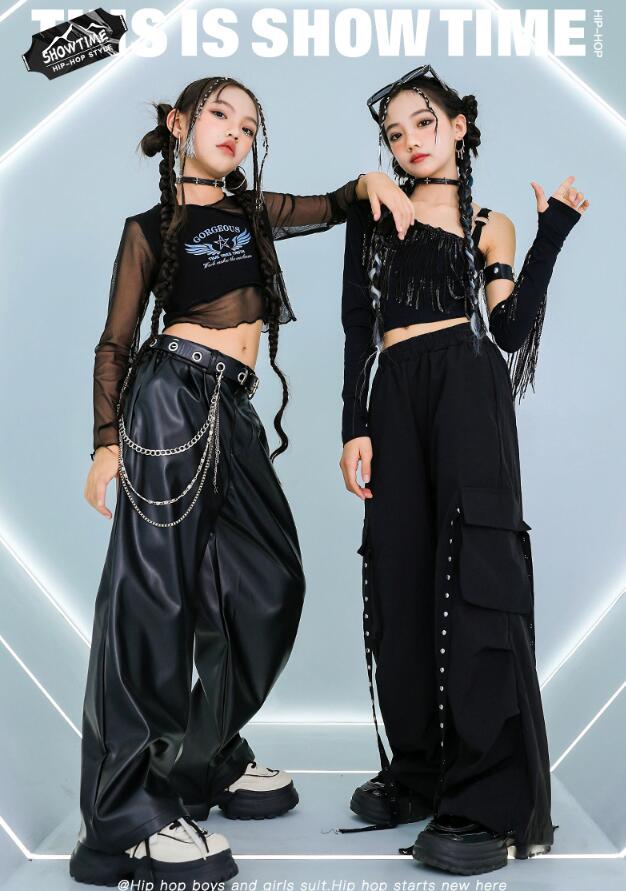 Rakuten - 女子ダンス衣装 長袖シャツ 単袖 黒パンツ レザーパンツ 女の子ジャズダンス衣装 へそ出し 子供ダンス衣装 ガールズダンス セットアップ 子供ダンス衣装 キッズ ヒップホップダンスウェア サルエルパンツ jazz hipjop かっこいい ダンスウェア110-180cm