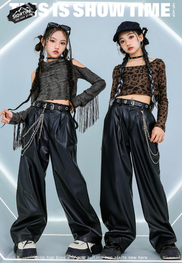 樂天商城 - ジャズダンス衣装 肩漏れ フリンジ付き女子ダンス衣装 長袖シャツ 表柄シャツレザーパンツ 女の子ジャズダンス衣装 へそ出し ダンス衣装 セットアップ 子供ダンス衣装 キッズ ヒップホップダンスウェア サルエルパンツ jazz hipjop かっこいい ダンスウェア110-180cm