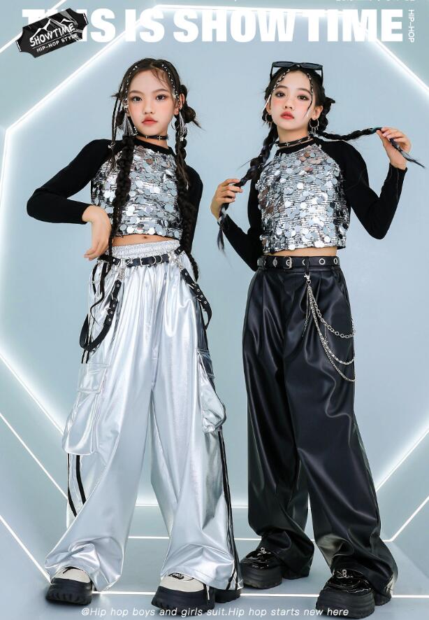 樂天商城 - 子供ジャズダンス衣装 レザーパンツ女子ダンス衣装 長袖シャツ スパンコール へそ出し女の子ジャズダンス衣装 ガールズダンス衣装 セットアップ 子供ダンス衣装 キッズ ヒップホップダンスウェア サルエルパンツ jazz hipjop かっこいい ダンスウェア110-180cm