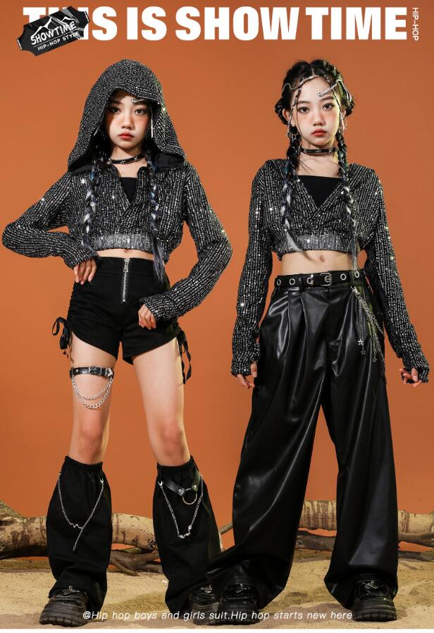 樂天商城 - 子供ダンス衣装 ジャズダンス衣装 女子長袖シャツ レザーパンツ ミニパンツ 女の子ジャズダンス衣装 へそ出し スパンコール子供ダンス衣装 セットアップ 子供ダンス衣装 キッズ ヒップホップダンスウェア サルエルパンツ jazz hipjop かっこいい ダンスウェア110-180cm