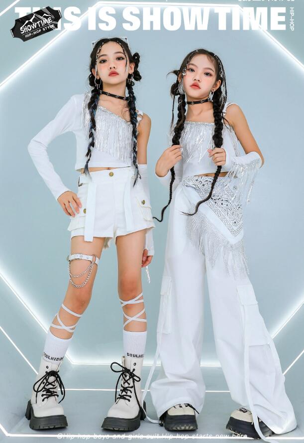 Rakuten - 子供ジャズダンス衣装 女子ダンス衣装 単袖シャツ フリンジ付き 袖カバー付き へそ出し女の子ジャズダンス衣装 ガールズダンス衣装 セットアップ 子供ダンス衣装 キッズ ヒップホップダンスウェア サルエルパンツ jazz hipjop かっこいい ダンスウェア110-180cm