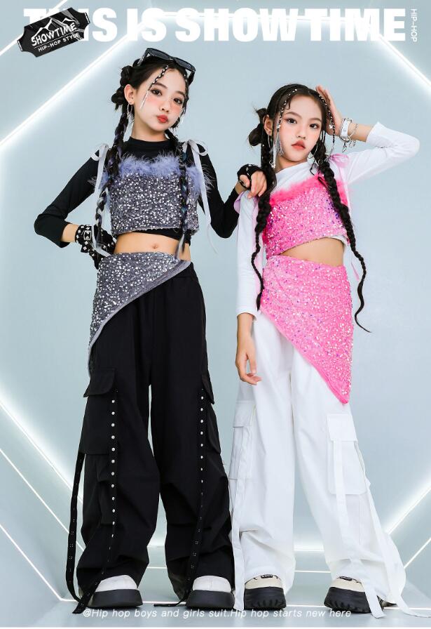 Rakuten - 子供ダンス衣装 ジャズダンス衣装 女子長袖シャツ スパンコールキャミソール 女の子ジャズダンス衣装 へそ出し スロング丈 子供ダンス衣装 セットアップ 子供ダンス衣装 キッズ ヒップホップダンスウェア サルエルパンツ jazz hipjop かっこいい ダンスウェア110-180cm