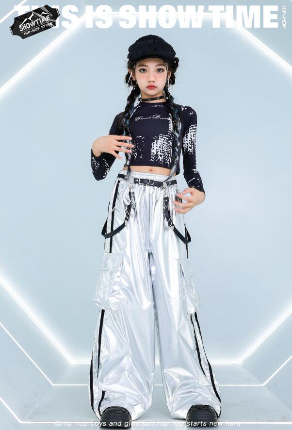 樂天商城 - 女の子ダンス衣装 ガールズジャズダンス衣装 女子長袖シャツ レザーパンツ シルバージャズダンス衣装 へそ出し 子供ダンス衣装 子供ダンス衣装 キッズ ヒップホップダンスウェア サルエルパンツ jazz hipjop ダンスウェア110-180cm