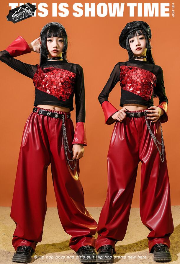 Rakuten - 女の子ダンス衣装 スパンコール付きシャツ ガールズジャズダンス衣装 ラッパ袖長袖シャツ レザーパンツ　ジャズダンス衣装 へそ出し スパンコール子供ダンス衣装 子供ダンス衣装 キッズ ヒップホップダンスウェア サルエルパンツ jazz hipjop ダンスウェア110-180cm