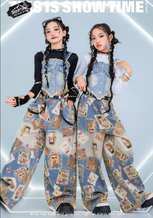 樂天商城 - 子供ダンス衣装 デニムベスト女の子ダンス衣装 デニムパンツ ガールズジャズダンス衣装 女子長袖シャツ ジャズダンス衣装 へそ出し 子供ダンス衣装 子供ダンス衣装 キッズ ヒップホップダンスウェア サルエルパンツ jazz hipjop ダンスウェア110-180cm