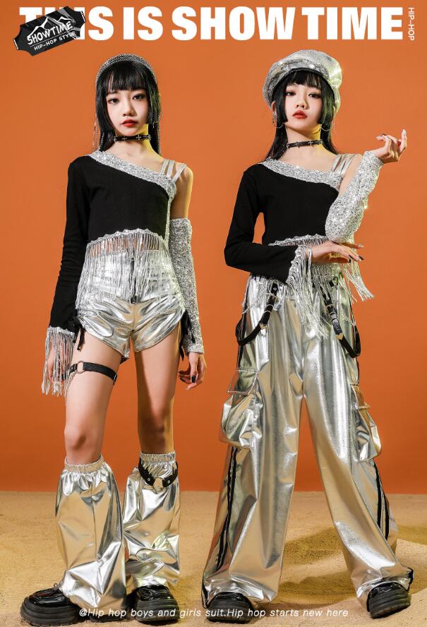 樂天商城 - 女の子ダンス衣装 スパンコール付き フリンジ付き ガールズジャズダンス衣装 シングル袖 長袖シャツ レザーパンツ　ジャズダンス衣装 へそ出し スパンコール子供ダンス衣装 キッズ ヒップホップダンスウェア サルエルパンツ jazz hipjop ダンスウェア110-180cm