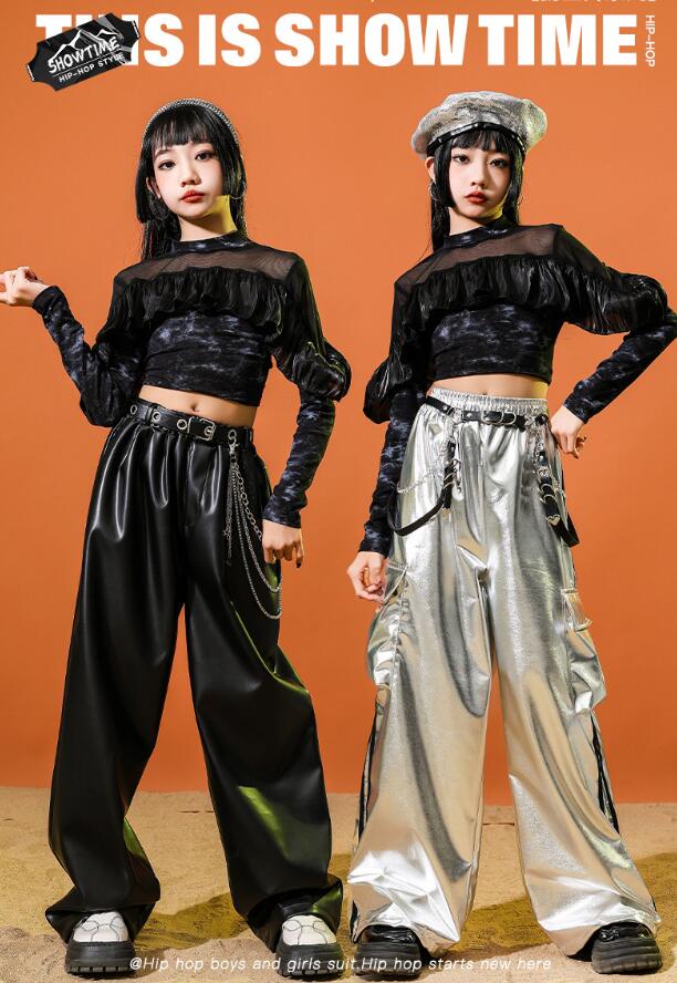 樂天商城 - 女の子ダンス衣装 ジャズダンス衣装 メッシュ長袖シャツ レザーパンツ　ジャズダンス衣装 へそ出し フリル付きシャツ 子供ダンス衣装 キッズ ヒップホップダンスウェア サルエルパンツ jazz hipjop ダンスウェア110-180cm