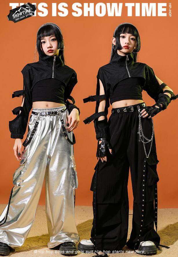 子供ダンス衣装 女の子ダンス衣装 立ち襟 ジャズダンス衣装 穴付き長袖シャツ レザーパンツ ジャズダンス衣装 へそ出し シルバラーパンツ 黒パンツ 子供ダンス衣装 キッズ ヒップホップダンスウェア サルエルパンツ jazz hipjop ダンスウェア110-180cm