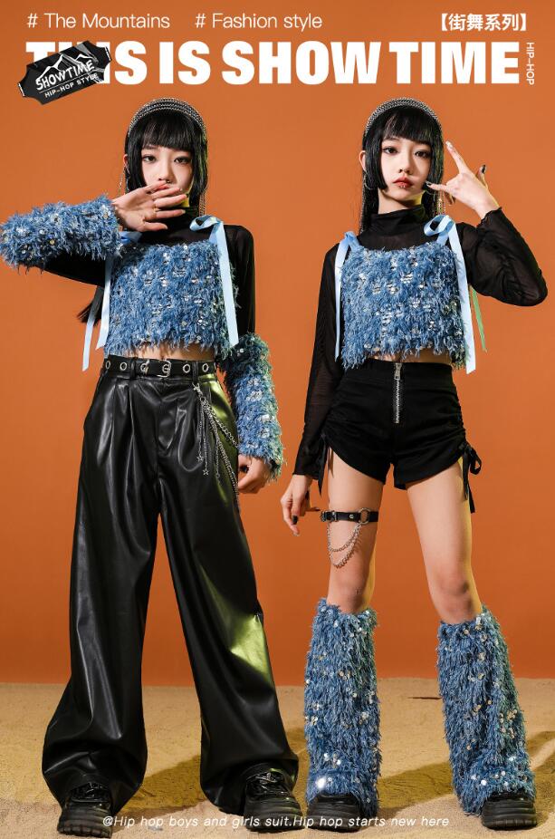キッズダンス衣装 スパンコールキャミソール 長袖Tシャツ 女の子ダンス衣装 ガールズジャズダンス衣装 レザーパンツ ジャズダンス衣装 へそ出し スパンコール子供ダンス衣装 キッズ ヒップホップダンスウェア サルエルパンツ jazz hipjop ダンスウェア110-180cm