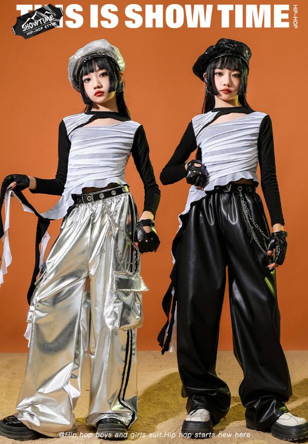 樂天商城 - 子供ダンス衣装 女の子ダンス衣装 ジャズダンス衣装 不規則裾シャツ レザーパンツ　ジャズダンス衣装 へそ出し フリル付きシャツ 子供ダンス衣装 キッズ ヒップホップダンスウェア サルエルパンツ jazz hipjop ダンスウェア110-180cm
