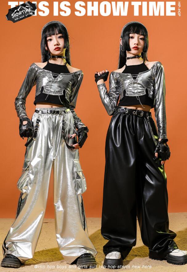 樂天商城 - 子供ダンス衣装 女の子ダンス衣装 レザー感シャツ ジャズダンス衣装 レザーパンツ　ジャズダンス衣装 へそ出し 光沢 子供ダンス衣装 キッズ ヒップホップダンスウェア サルエルパンツ jazz hipjop ダンスウェア110-180cm