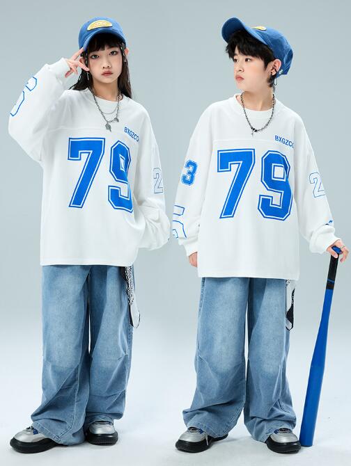 キッズダンス衣装 子供ダンス衣装 数字プリントジャズダンス衣装 女の子 男の子ダンス衣装 ガーコパンツ ゆったりtシャツ ジャズダンス衣装 デニムパンツ長袖シャツ 子供ダンス衣装 キッズ ヒップホップダンスウェア jazz hipjop ダンスウェア110-180cm
