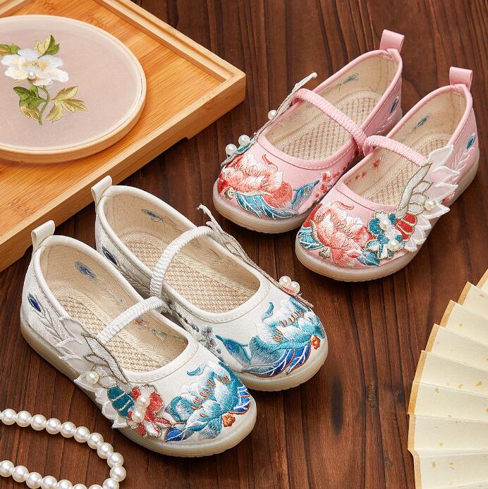 子供シューズガールズパンプス チャイナ靴 プリンセンスシューズ 花柄刺繍 フリル 美しい民族風シュー..