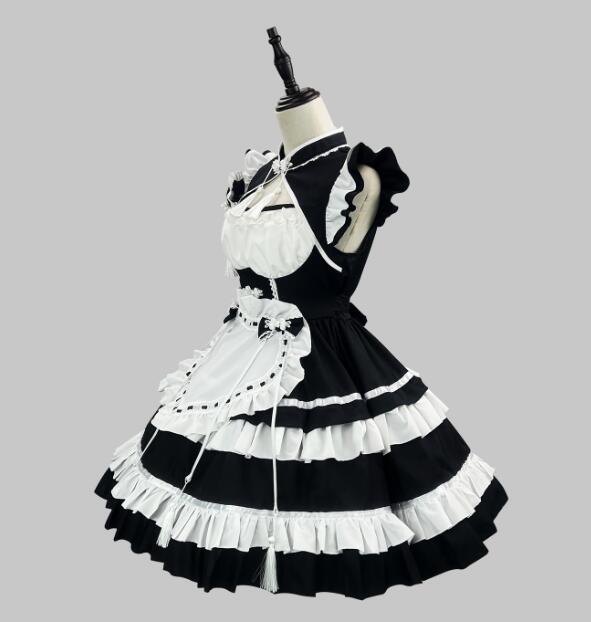 中華風メイドドレス 半袖ワンピース 2色エプロ 可愛いワンピース 悪魔コス パニエ...