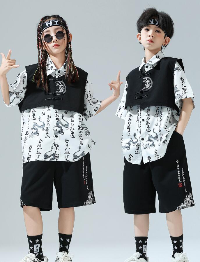 Rakuten - キッズダンス衣装 カジュアルシャツ 中華風ダンス衣装 龍柄 ベスト シャツ パンツ 子供ダンス衣装 子供ダンス衣装 女子ダンスセットアップ 単品対応可能 子供ダンス衣装 キッズ ヒップホップ　ダンスウェア サルエルパンツ jazz hipjop かっこいい ダンスウェア110-180cm