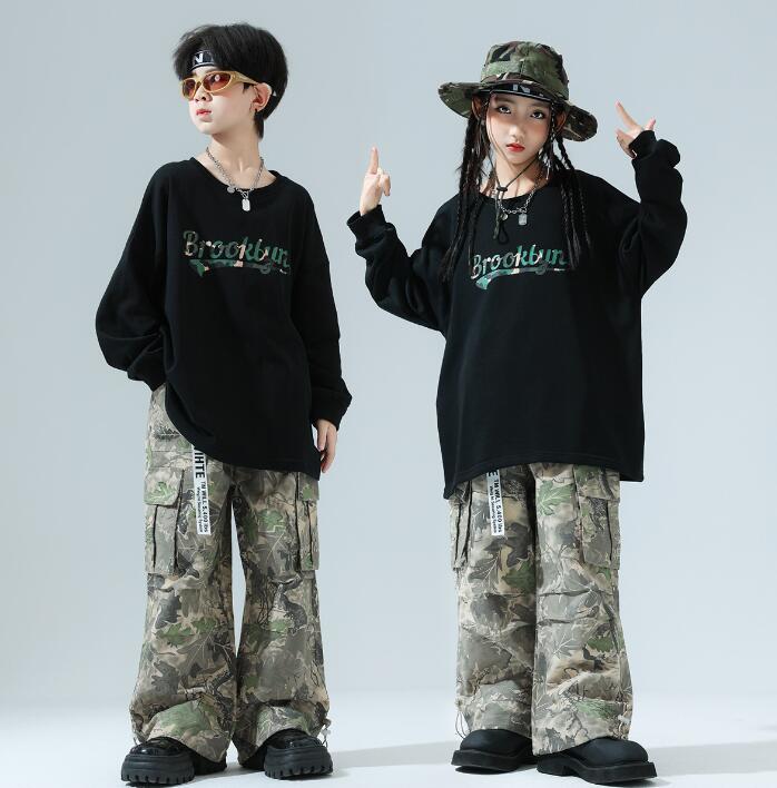 子供ダンス衣装 長袖パーカー 迷彩柄パンツ ヒップホップダンスキッズダンス ロングパンツ ダンス衣装子供ダンス衣装 男女兼用ダンスセットアップ 子供ダンス衣装 キッズ ヒップホップ　ダンスウェア サルエルパンツ jazz hipjop かっこいい ダンスウェア110-180cm