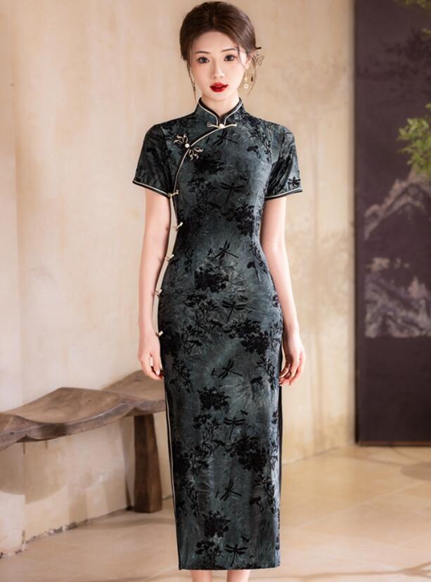 樂天商城 - レディース半袖でドレス ロング丈 チャイナドレス トンボ柄チャイナ ドレス 中華ドレス古典ドレス 結婚式 春夏新作 　大人 ミモレ丈 チーパオ 旗袍 中国風 パーティー 二次会 ドレス 演奏会 吹奏 古典 ドレス S M L XL 2XL 3XL