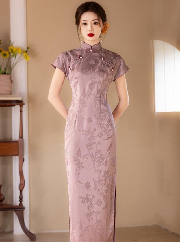 チャイナドレス レディース半袖ドレス 紫 光沢感あり ロング丈 ワンピース チャイナドレス 華流コスプレ衣装 中華ドレス古典ドレス 結婚式 大人 ミモレ丈 チーパオ 旗袍 中国風　コスプレ衣装 パーティー 二次会 ドレス 演奏会 吹奏 古典 ドレス S M L XL 2XL 3XL