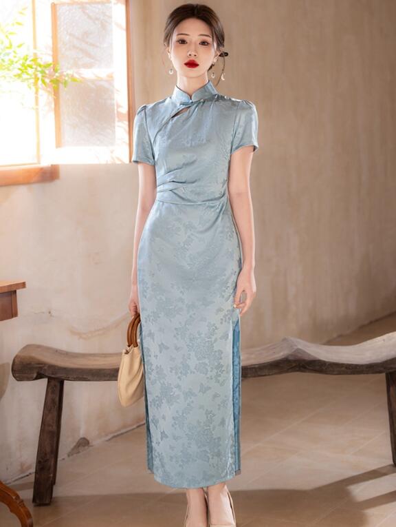 新作ドレス チャイナドレス レディース半袖ドレス 立ち襟花柄 ロング丈 ワンピース チャイナドレス 華流コスプレ衣装 中華ドレス古典ドレス 結婚式 大人 ミモレ丈 チーパオ 旗袍 中国風　コスプレ衣装 パーティー 二次会 ドレス 演奏会 吹奏 古典 ドレス S M L XL 2XL 3XL