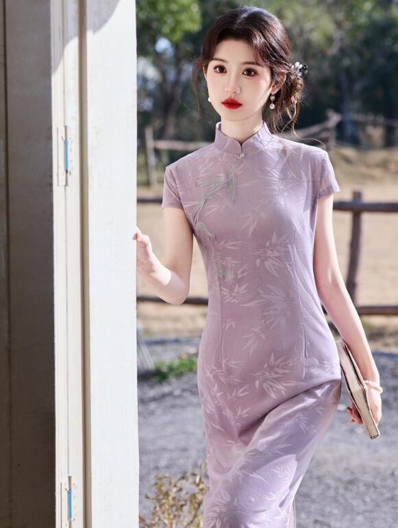 竹刺繍 新作ドレス チャイナドレス半袖ドレス 改良ワンピース ロング丈 ワンピース チャイナドレス 華流コスプレ衣装 中華ドレス古典ドレス 結婚式 大人 ミモレ丈 チーパオ 旗袍 中国風　コスプレ衣装 パーティー 二次会 ドレス 演奏会 吹奏 古典 ドレス S M L XL 2XL 3XL