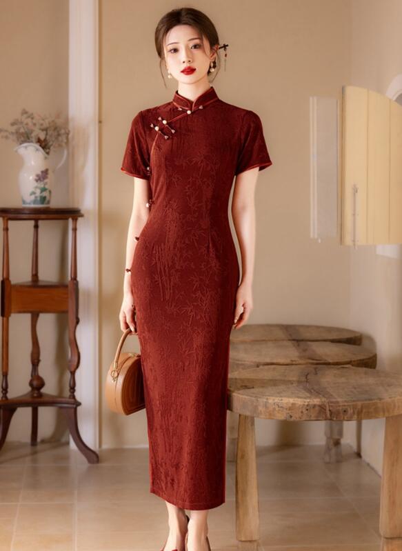 改良ドレス 中華風 チャイナドレス半袖ドレス ワンピース ロング丈 赤 黒2色 チャイナドレス 華流コス..