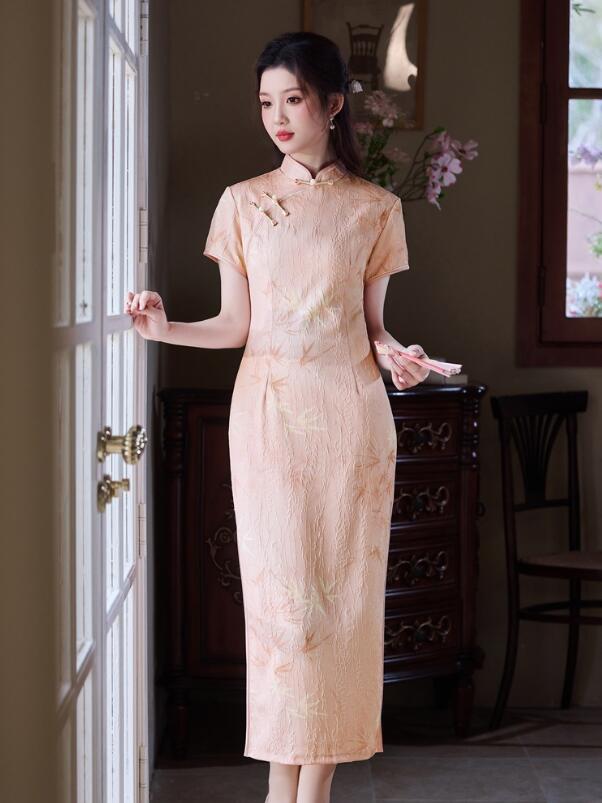 中華風 チャイナドレス半袖ドレス ワンピース ロング丈 ピンク 緑2色 チャイナドレス 華流コスプレ衣装 中華ドレス古典ドレス 結婚式 大人 ミモレ丈 チーパオ 旗袍 中国風　コスプレ衣装 パーティー 二次会 ドレス 演奏会 吹奏 古典 ドレス S M L XL 2XL 3XL