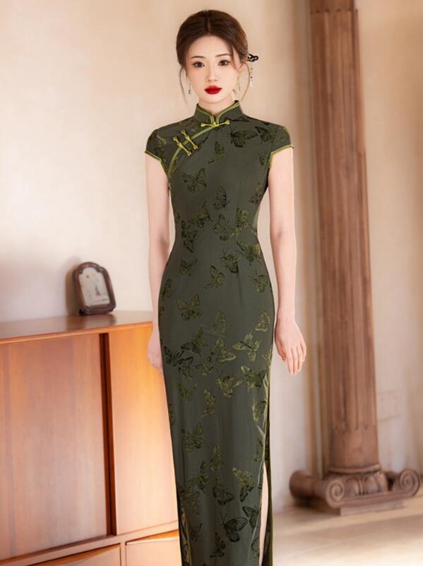 春夏新作 チャイナドレス半袖ドレス ワンピース ロング丈 蝶柄 チャイナドレス 華流コスプレ衣装 中華ドレス古典ドレス 結婚式 大人 ミモレ丈 チーパオ 旗袍 中国風　コスプレ衣装 パーティー 二次会 ドレス 演奏会 吹奏 古典 ドレス S M L XL 2XL 3XL